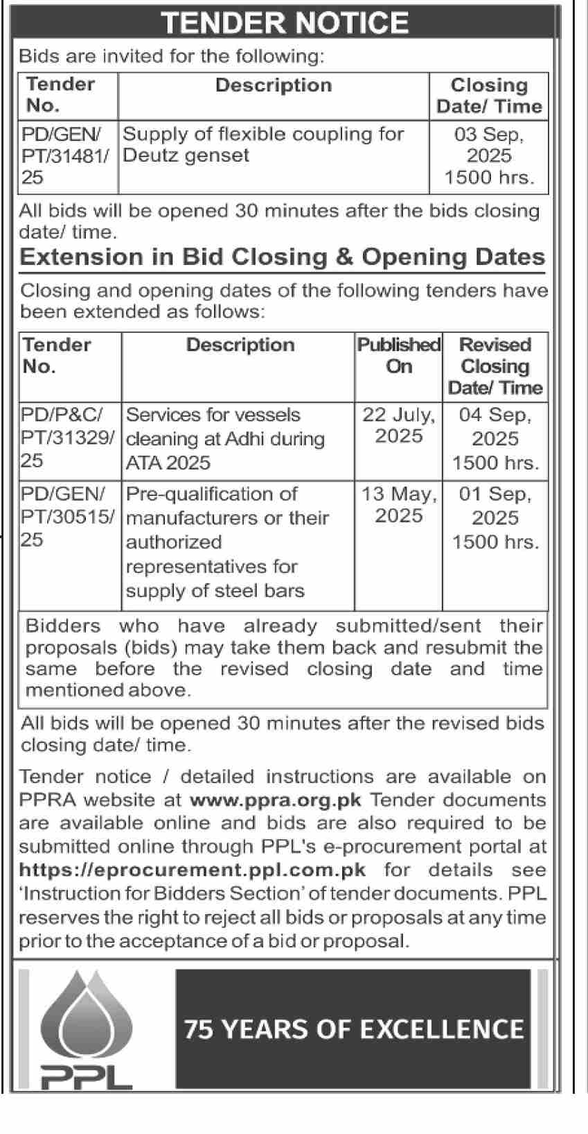 PPL Tender Notice
